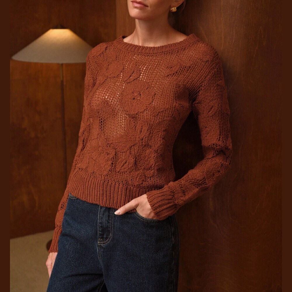 Rust Brown Open Crochet Knit Floral Pointelle Long Sleeve Sweater